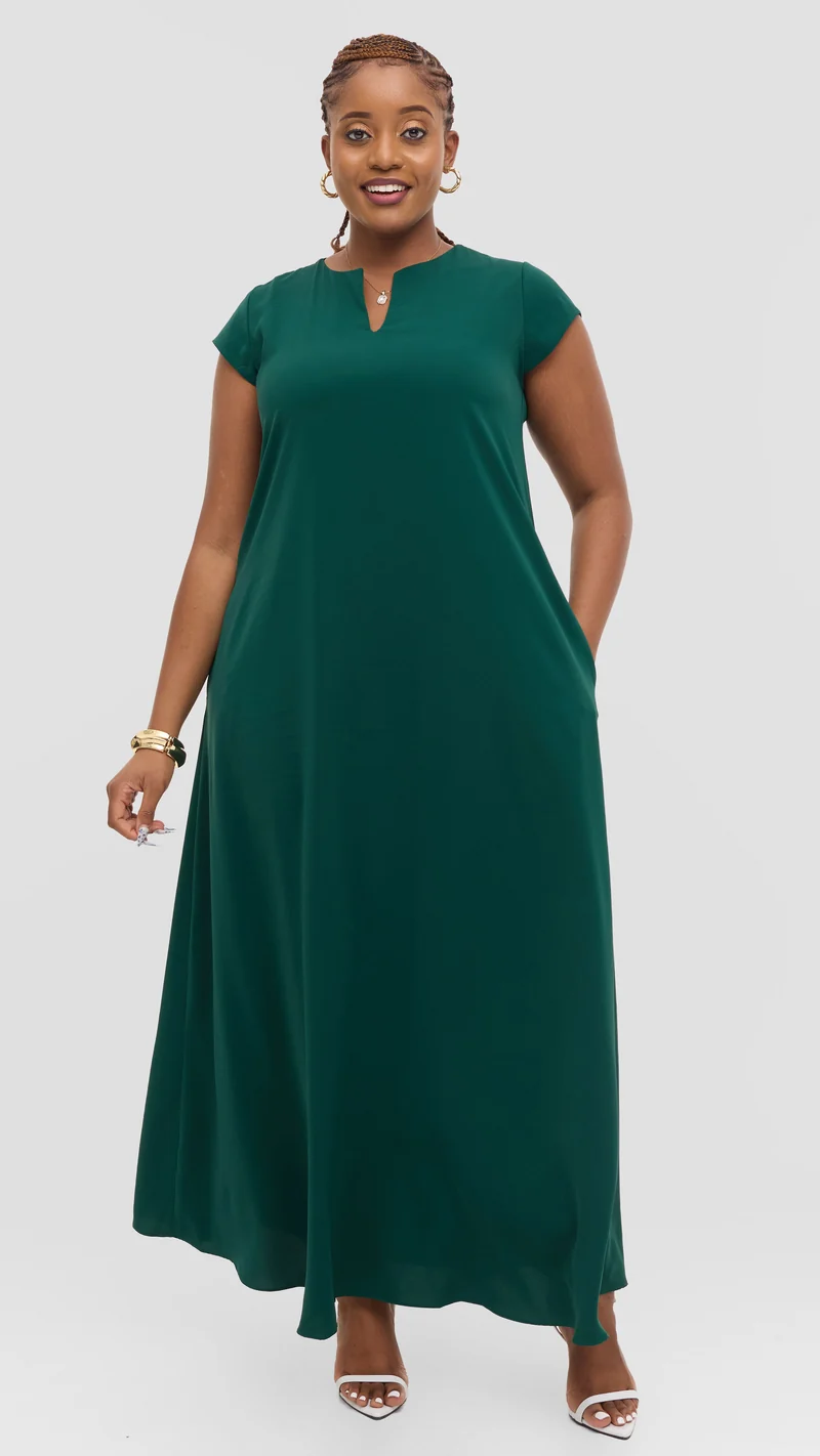 Vivo Zola V Neck Maxi Dress in Crepe - Dark Green