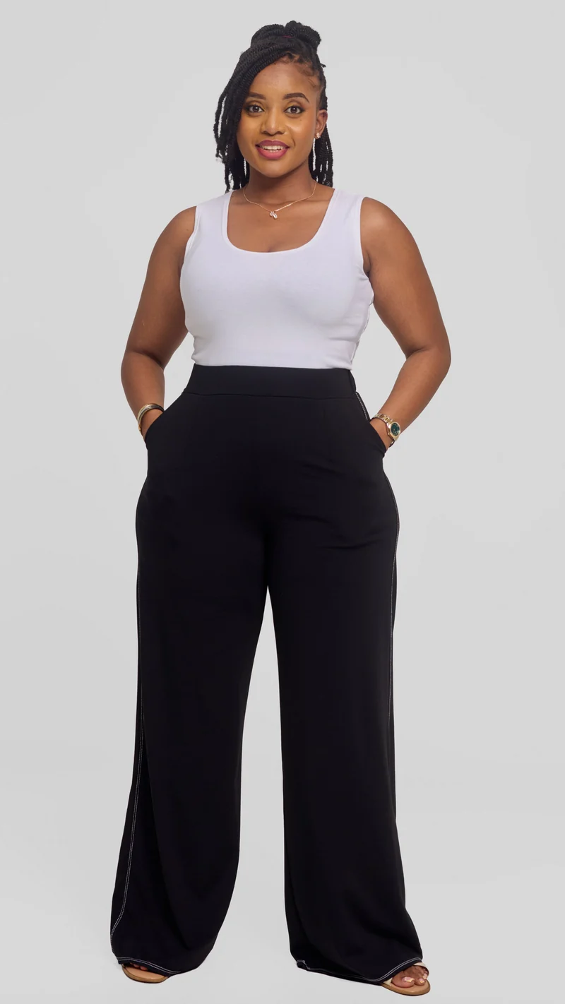 Vivo Contrast Stitch Straight Pants in Ponte - Black