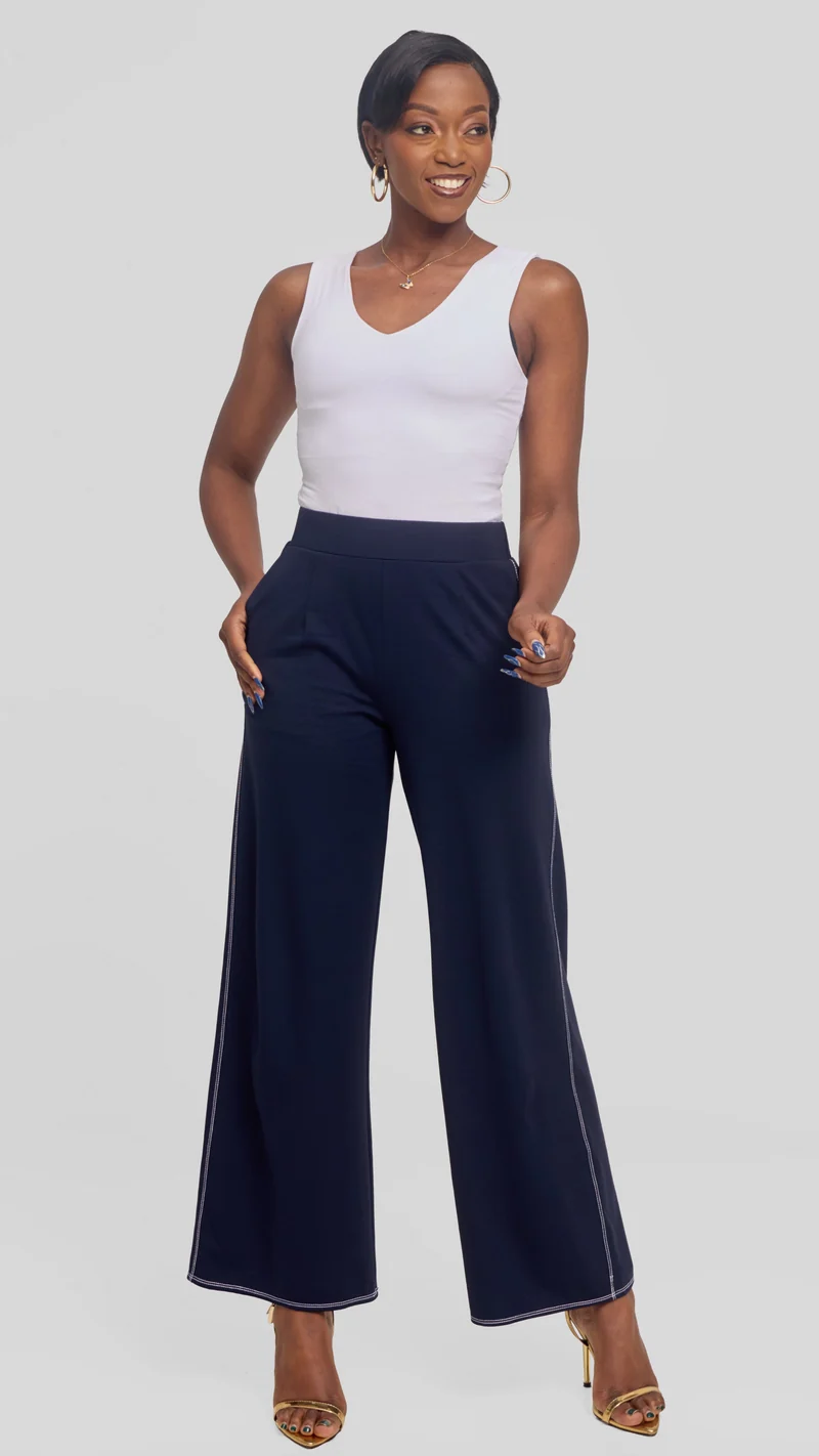Vivo Contrast Stitch Straight Pants in Ponte - Navy Blue