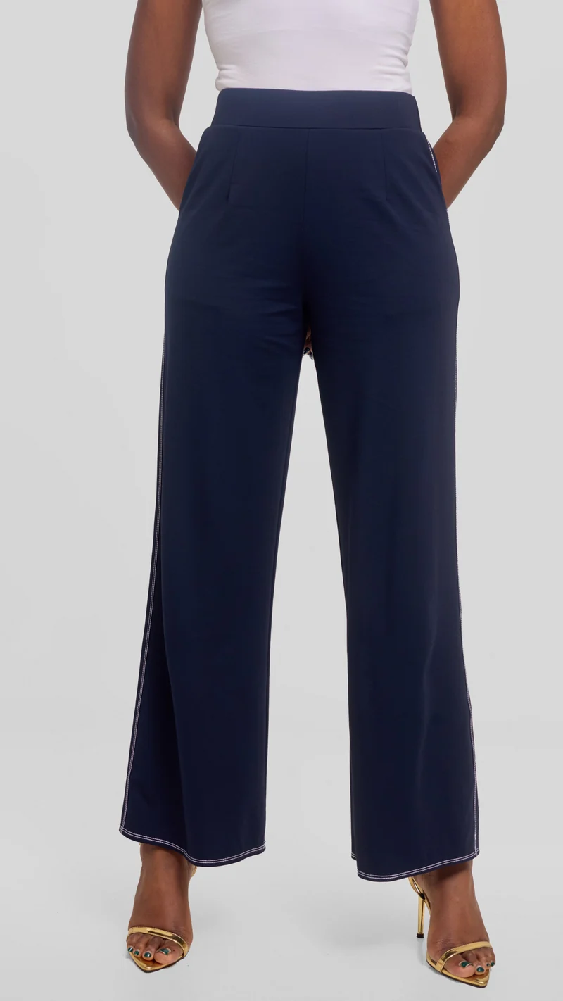 Vivo Contrast Stitch Straight Pants in Ponte - Navy Blue