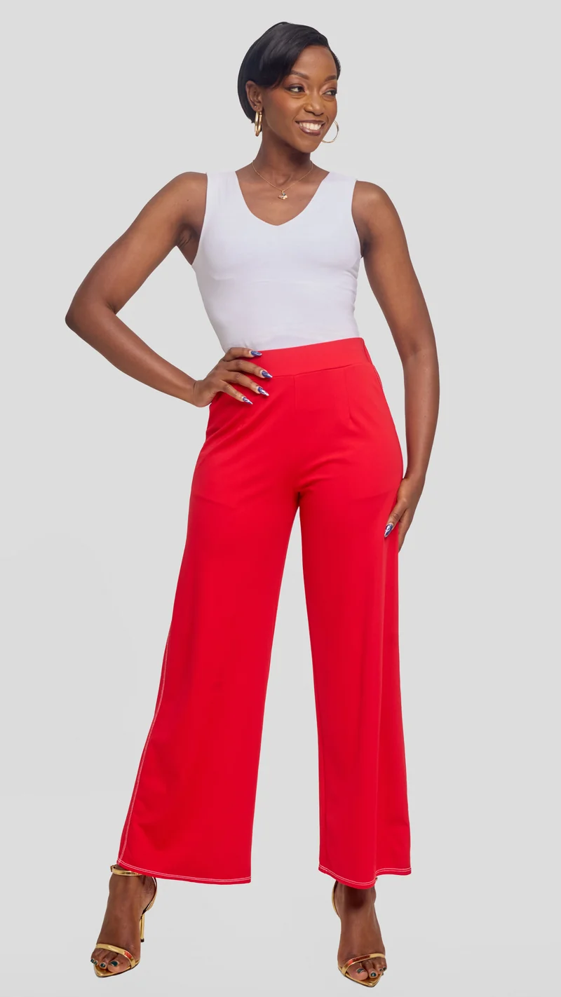 Vivo Contrast Stitch Straight Pants in Ponte - Red