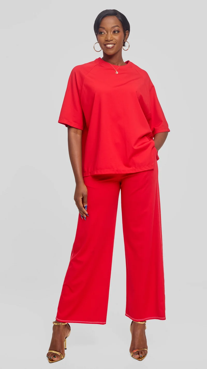 Vivo Contrast Stitch Straight Pants in Ponte - Red