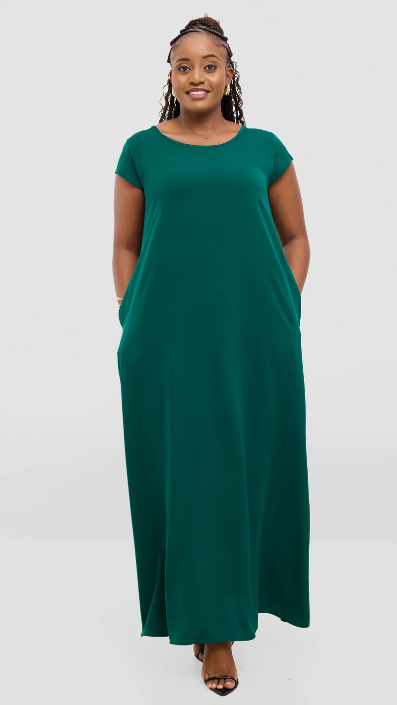 Vivo Basic Round Neck Maxi Dress In Crepe - Dark Green