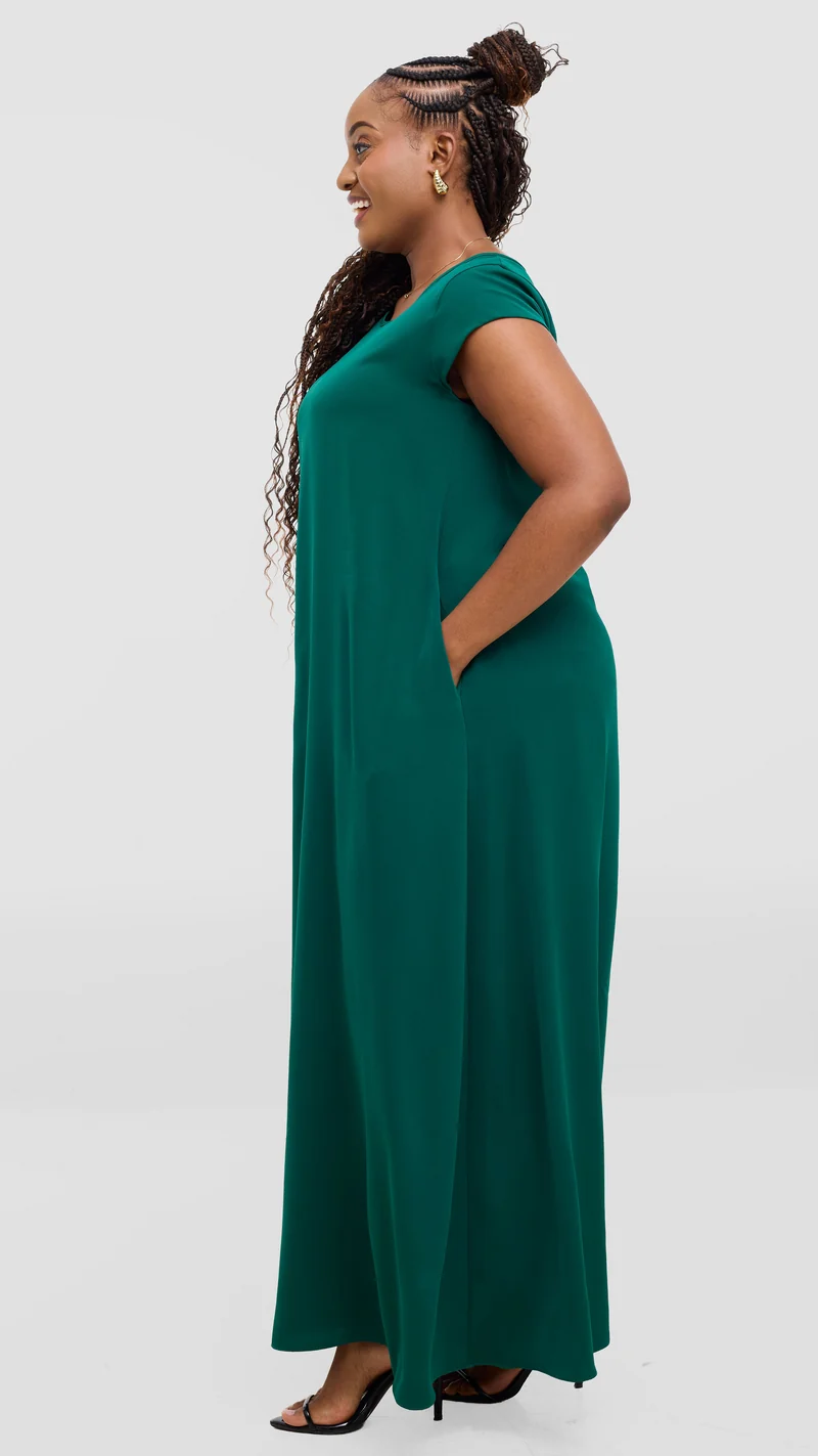 Vivo Basic Round Neck Maxi Dress In Crepe - Dark Green