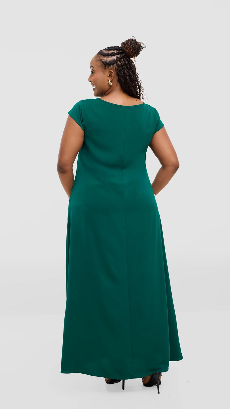 Vivo Basic Round Neck Maxi Dress In Crepe - Dark Green