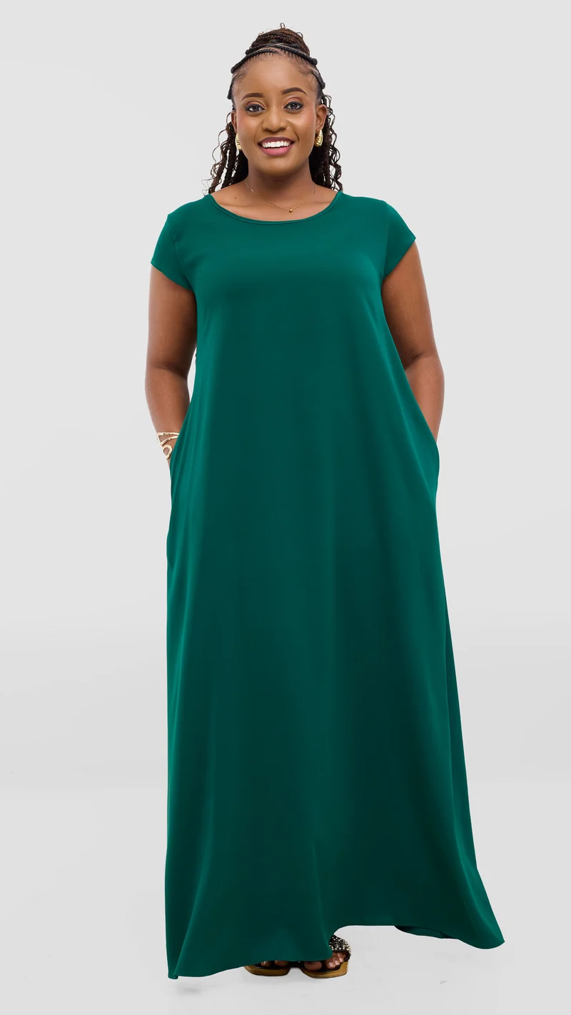 Vivo Basic Round Neck Maxi Dress In Crepe - Dark Green