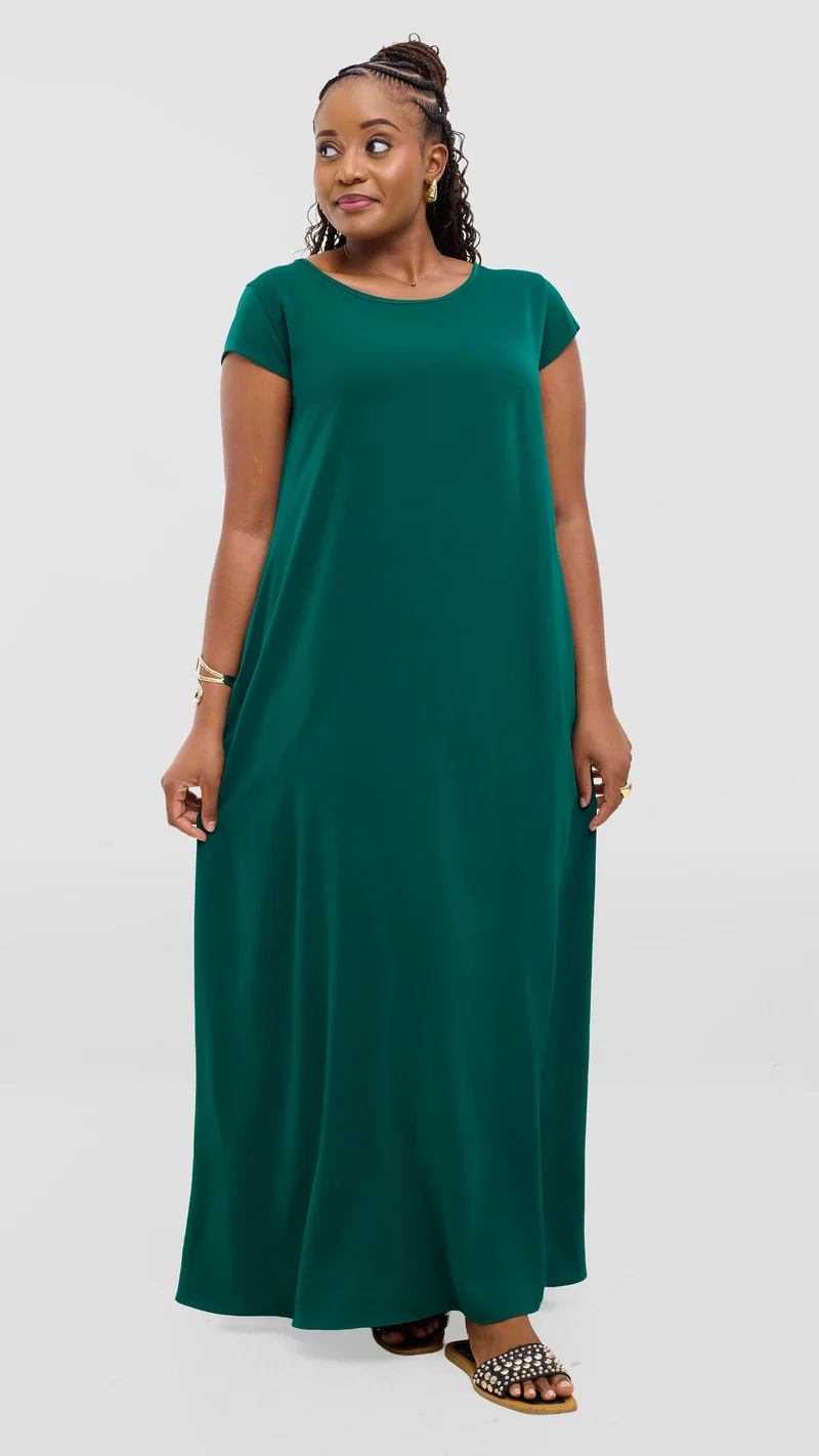 Vivo Basic Round Neck Maxi Dress In Crepe - Dark Green