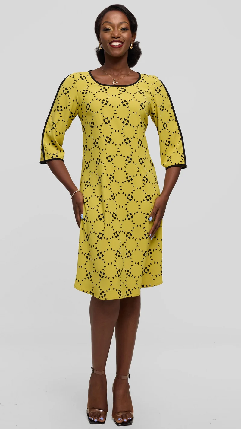 Vivo Pendo 3/4 Sleeve A Line Dress in Twill - Lime / Black Talo Print