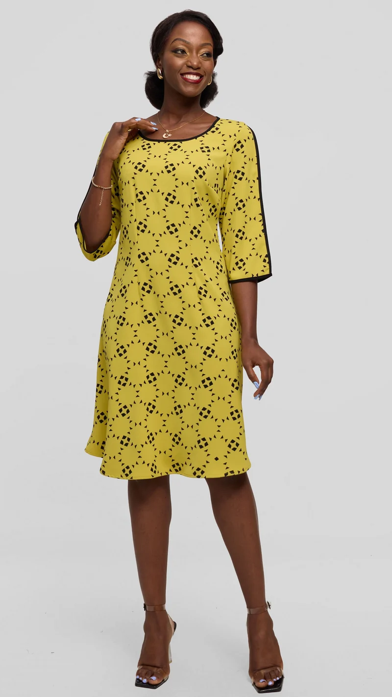 Vivo Pendo 3/4 Sleeve A Line Dress in Twill - Lime / Black Talo Print