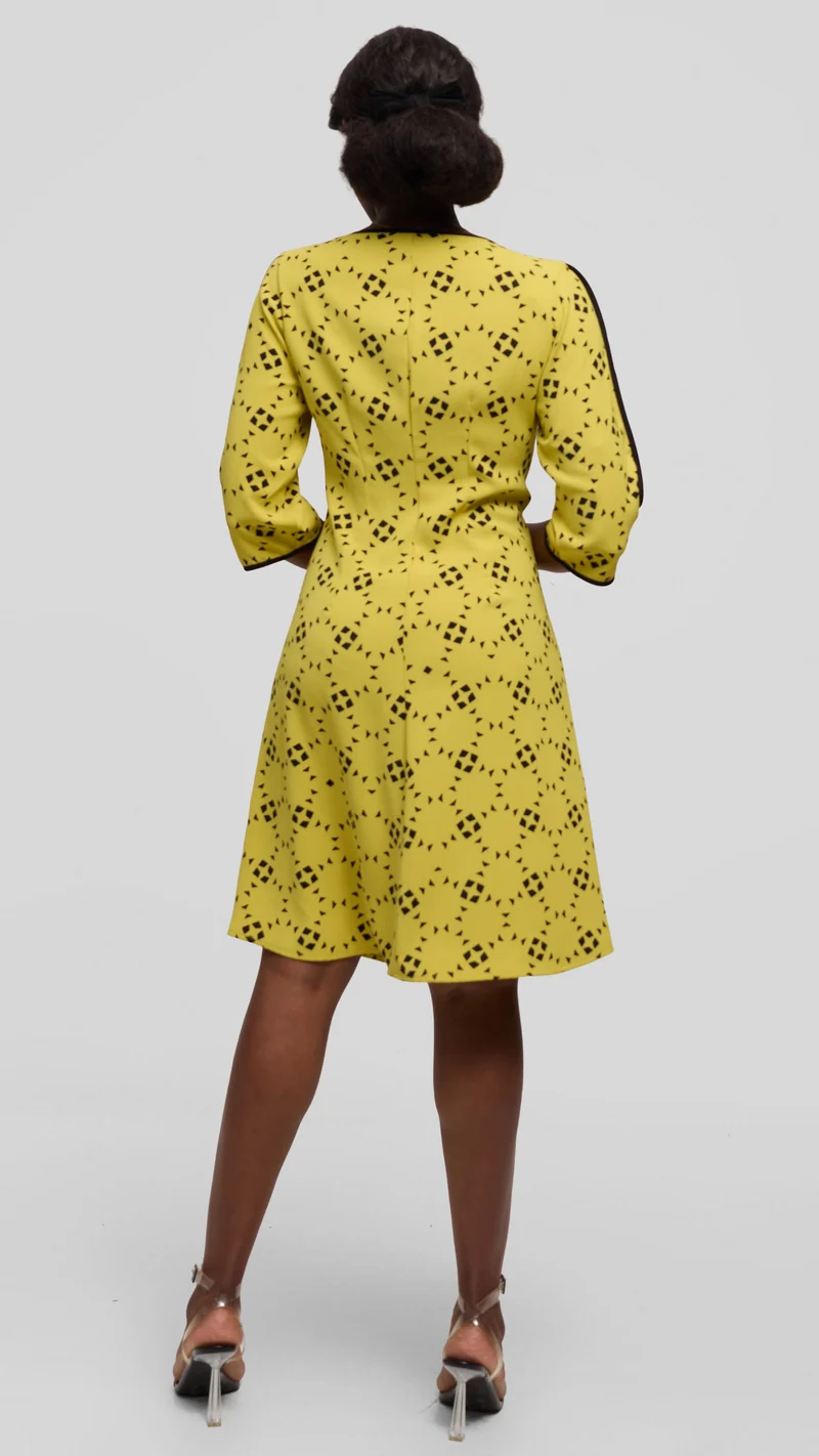 Vivo Pendo 3/4 Sleeve A Line Dress in Twill - Lime / Black Talo Print