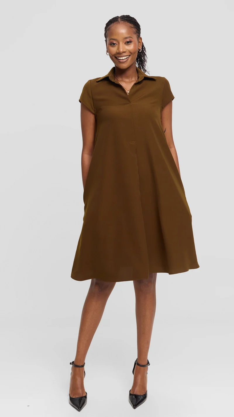 Vivo Yumi Cap Sleeve Knee Length Dress in Crepe - Dark Olive