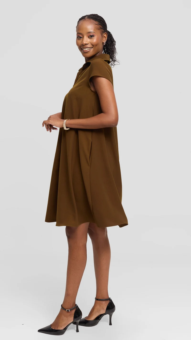 Vivo Yumi Cap Sleeve Knee Length Dress in Crepe - Dark Olive