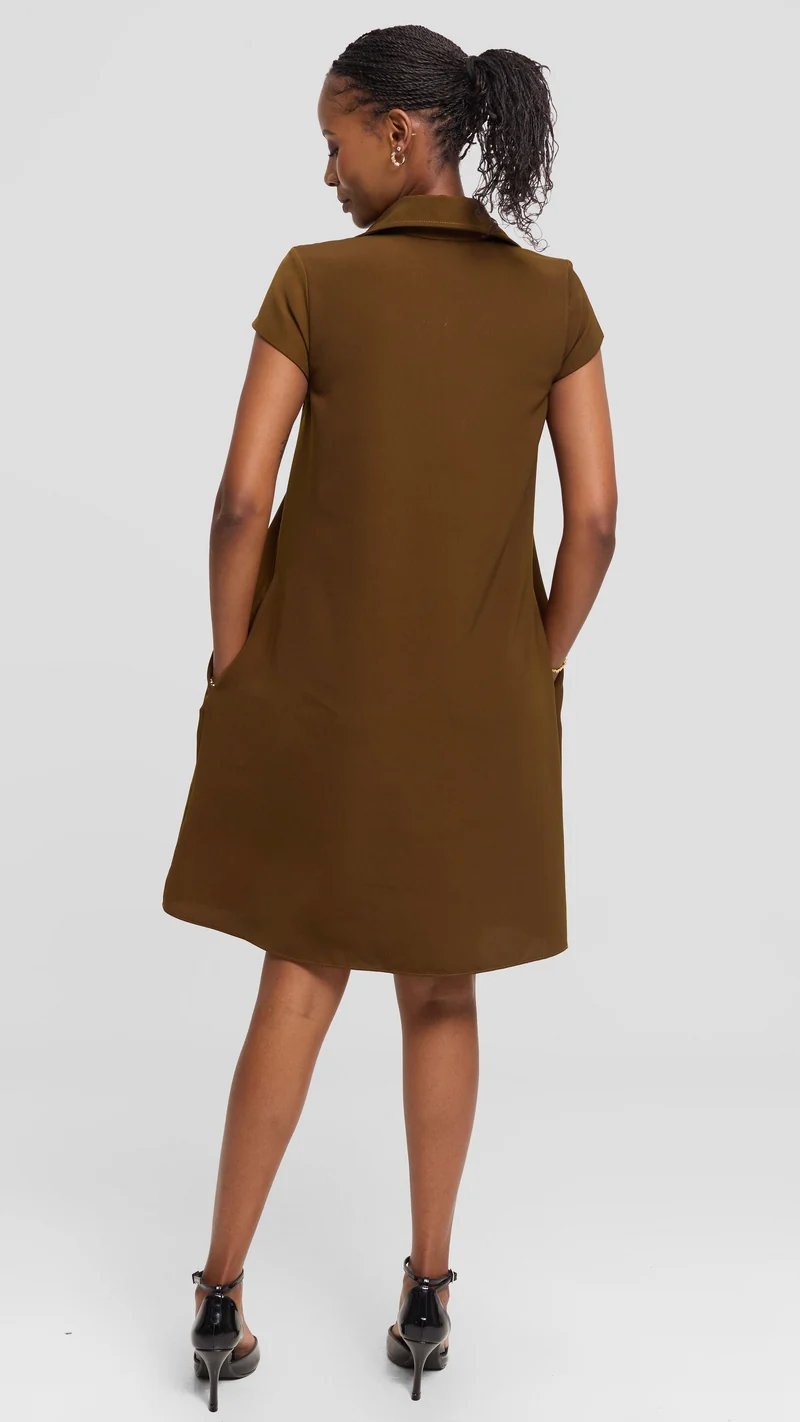 Vivo Yumi Cap Sleeve Knee Length Dress in Crepe - Dark Olive
