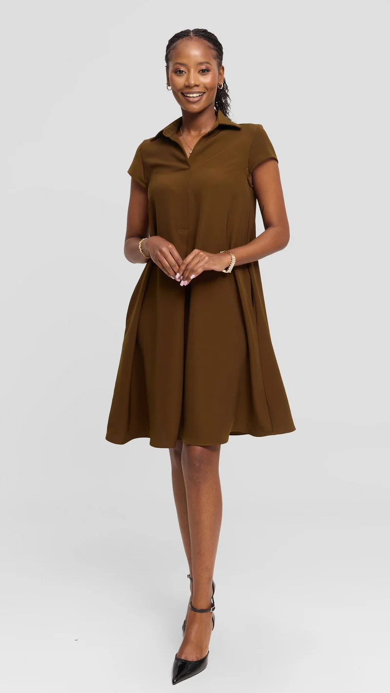 Vivo Yumi Cap Sleeve Knee Length Dress in Crepe - Dark Olive