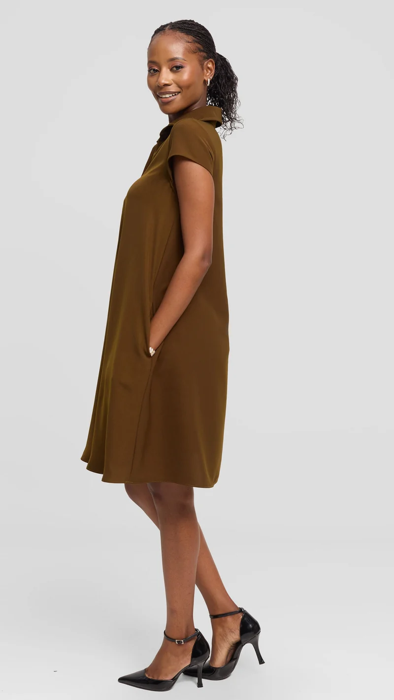 Vivo Yumi Cap Sleeve Knee Length Dress in Crepe - Dark Olive