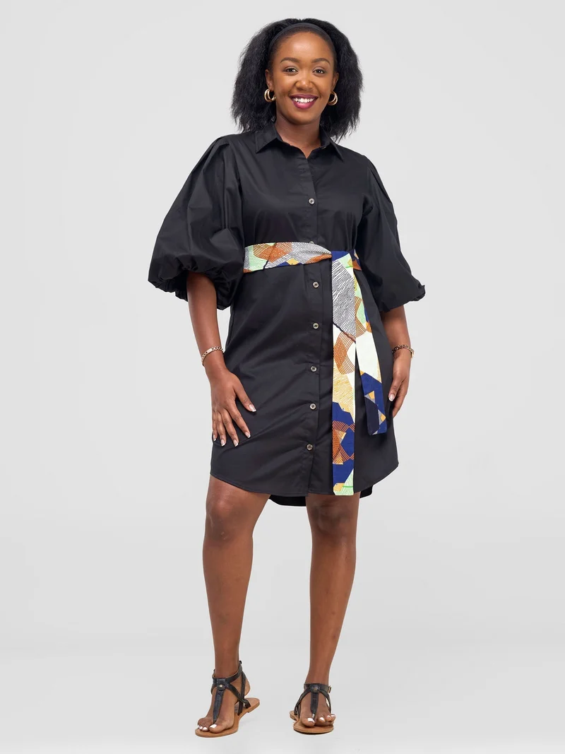 Safari Mali Bishop Sleeve Shirt Dress - Black