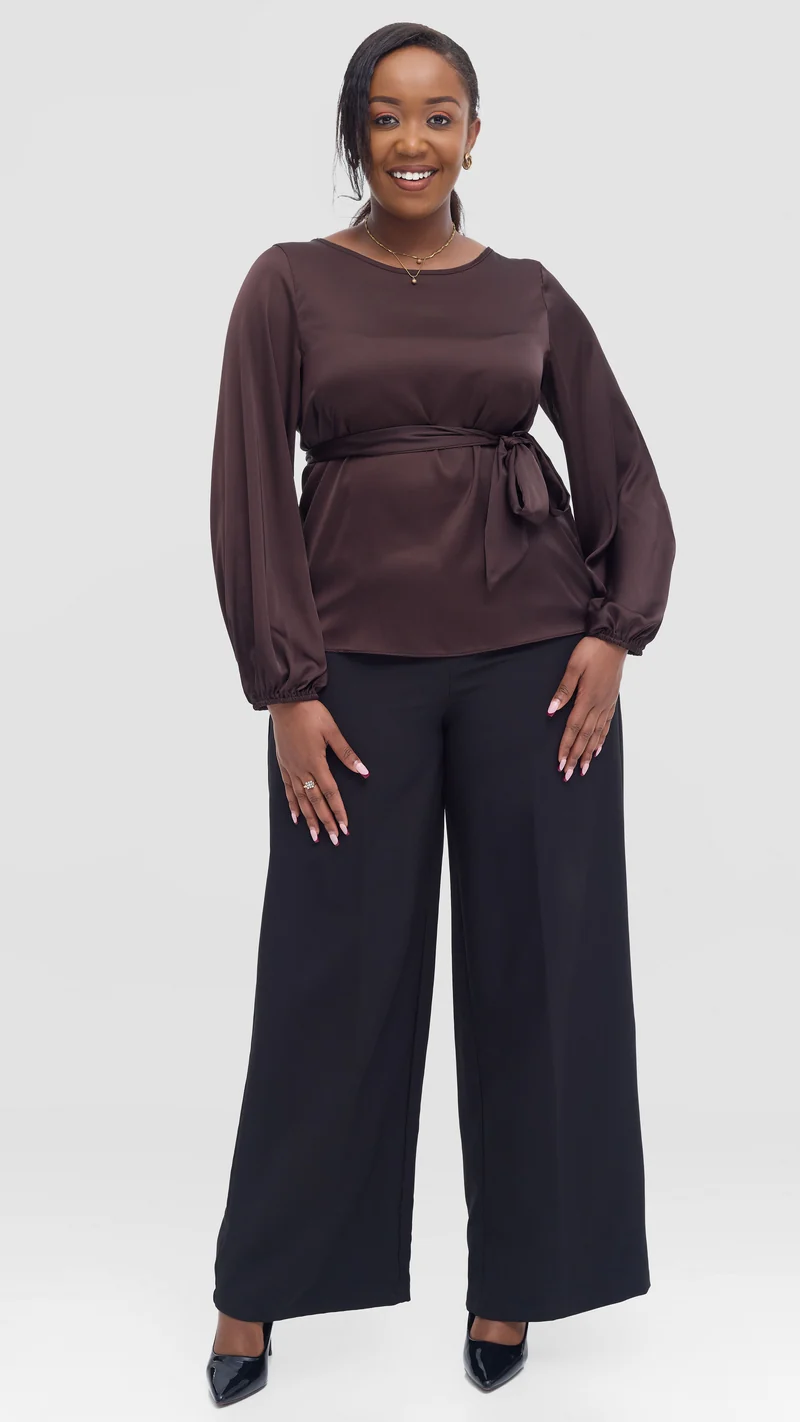 Vivo Basic Satin Bishop Sleeve Top - Chocolate