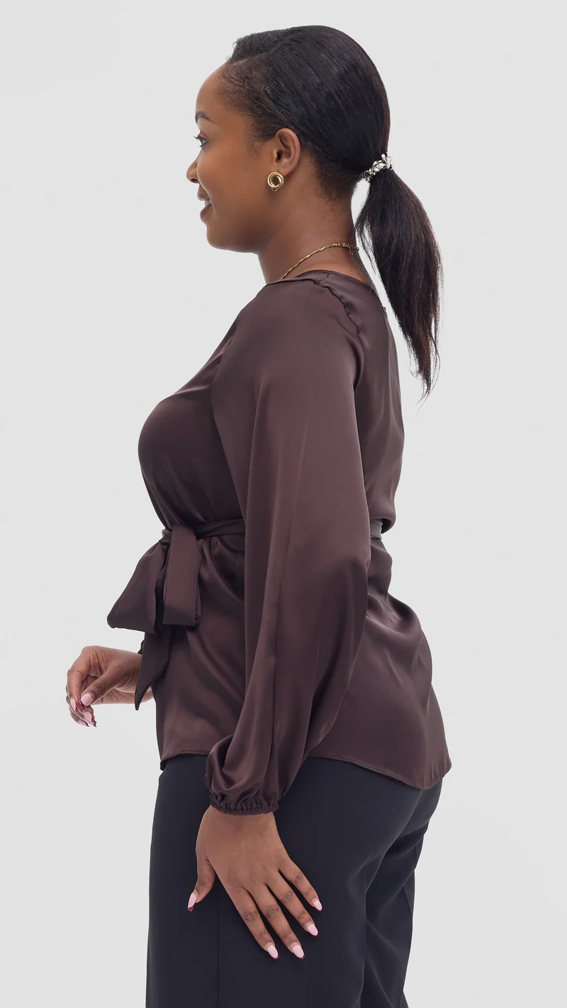 Vivo Basic Satin Bishop Sleeve Top - Chocolate