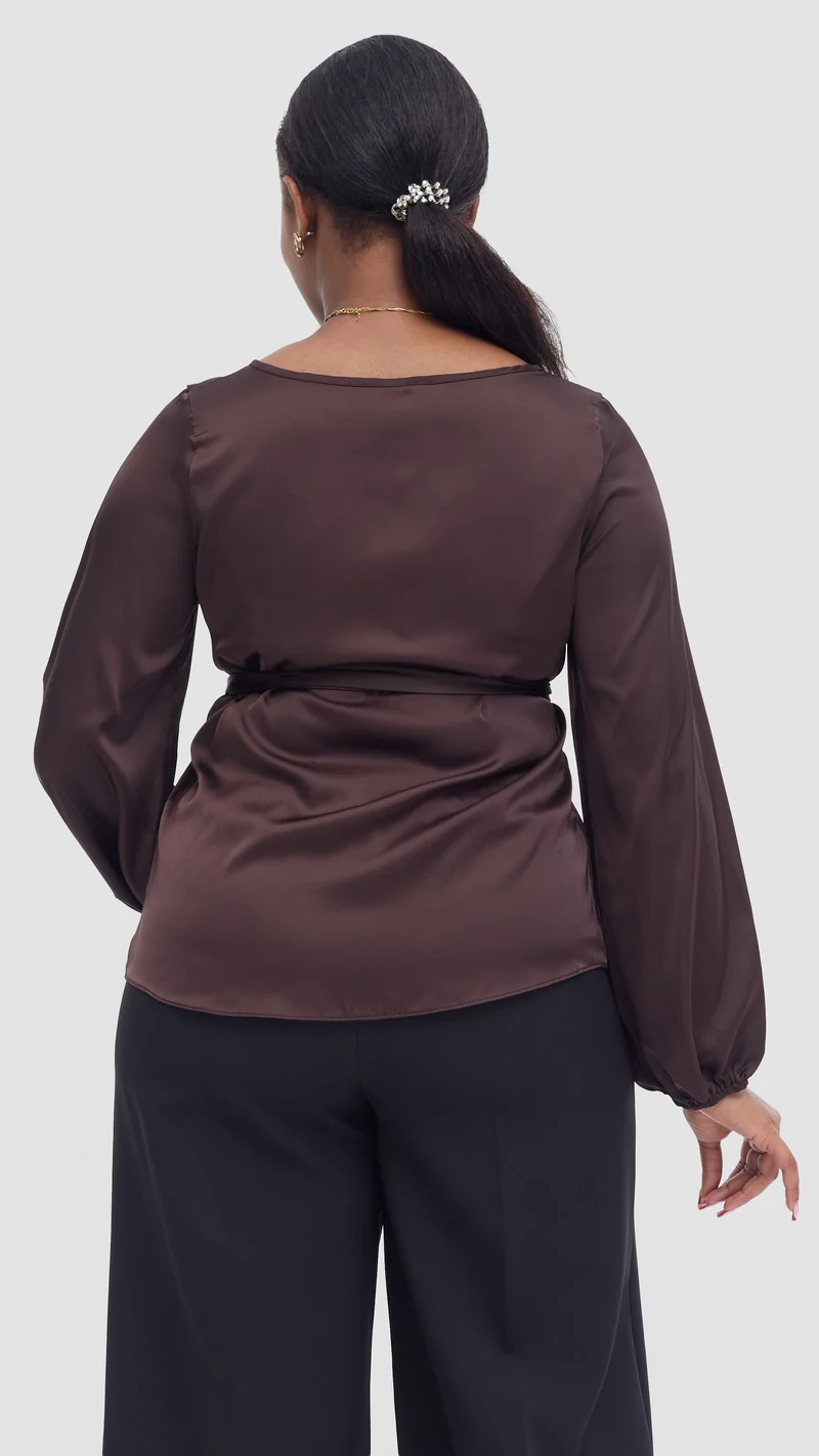 Vivo Basic Satin Bishop Sleeve Top - Chocolate