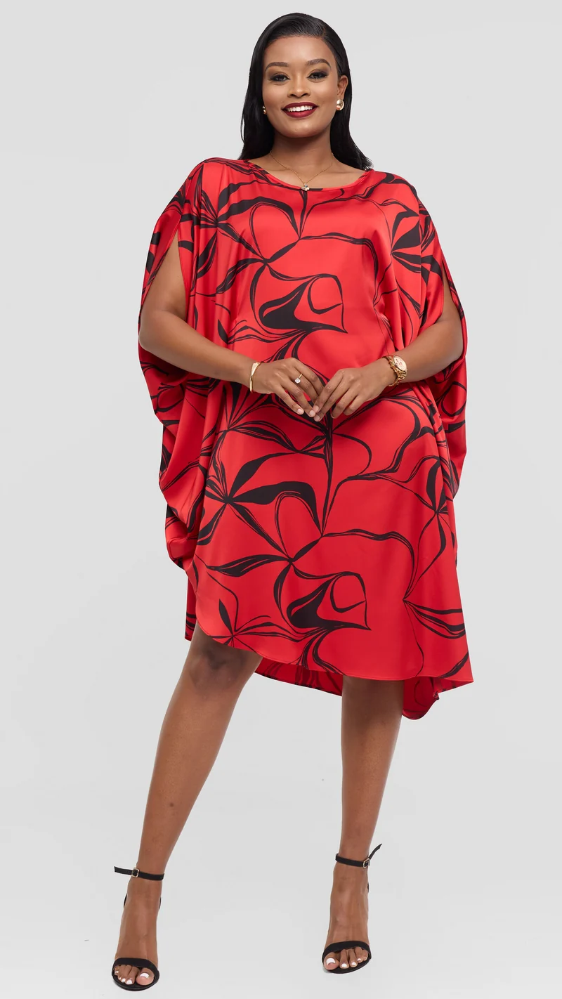Vivo Asymmetrical Dolman Dress in Satin - Red / Black Arah Print