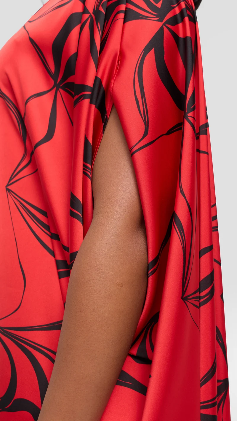 Vivo Asymmetrical Dolman Dress in Satin - Red / Black Arah Print