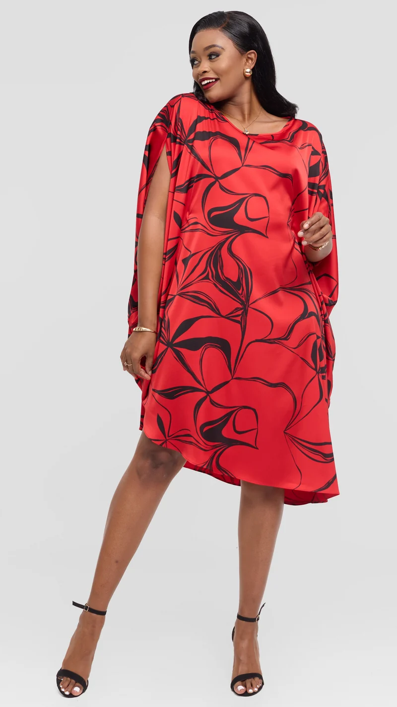 Vivo Asymmetrical Dolman Dress in Satin - Red / Black Arah Print