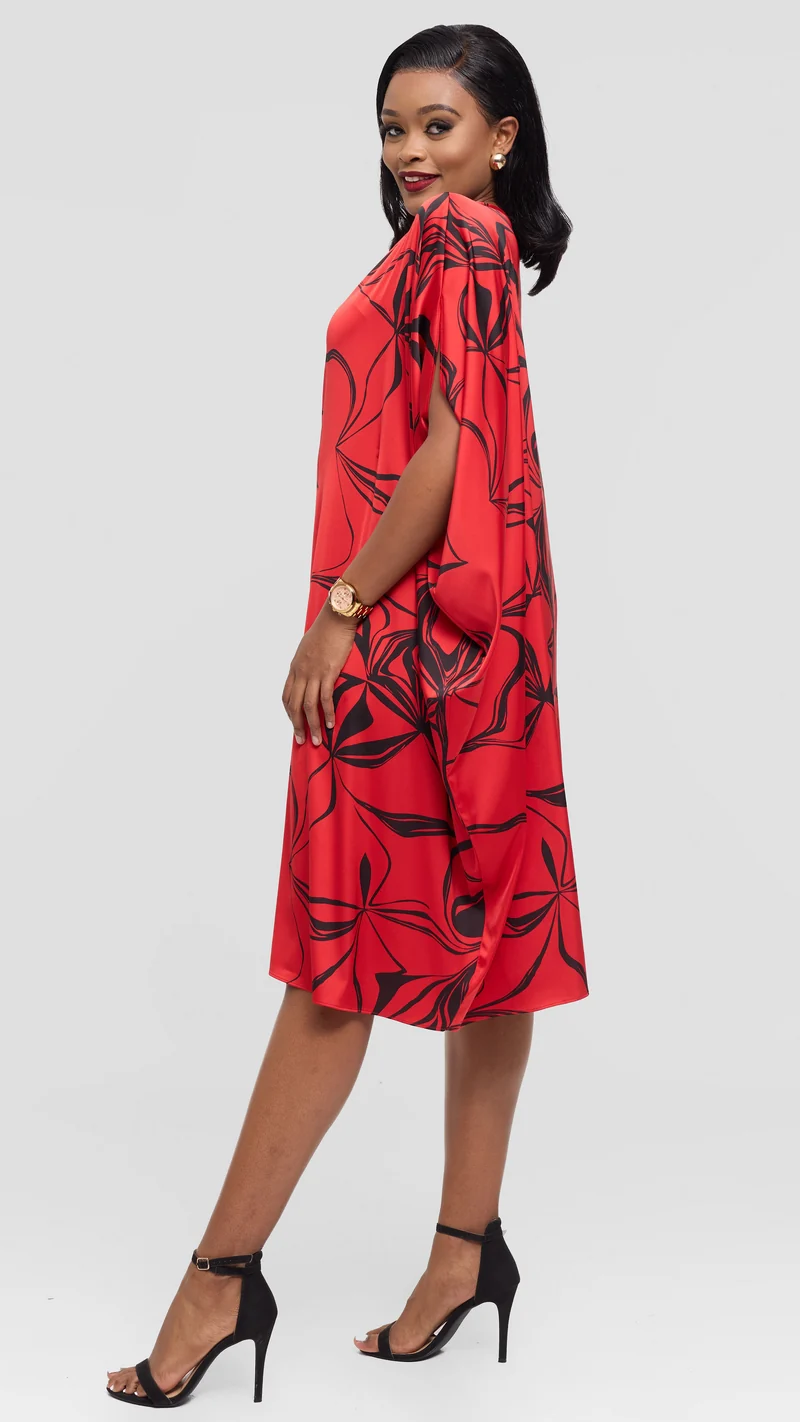 Vivo Asymmetrical Dolman Dress in Satin - Red / Black Arah Print