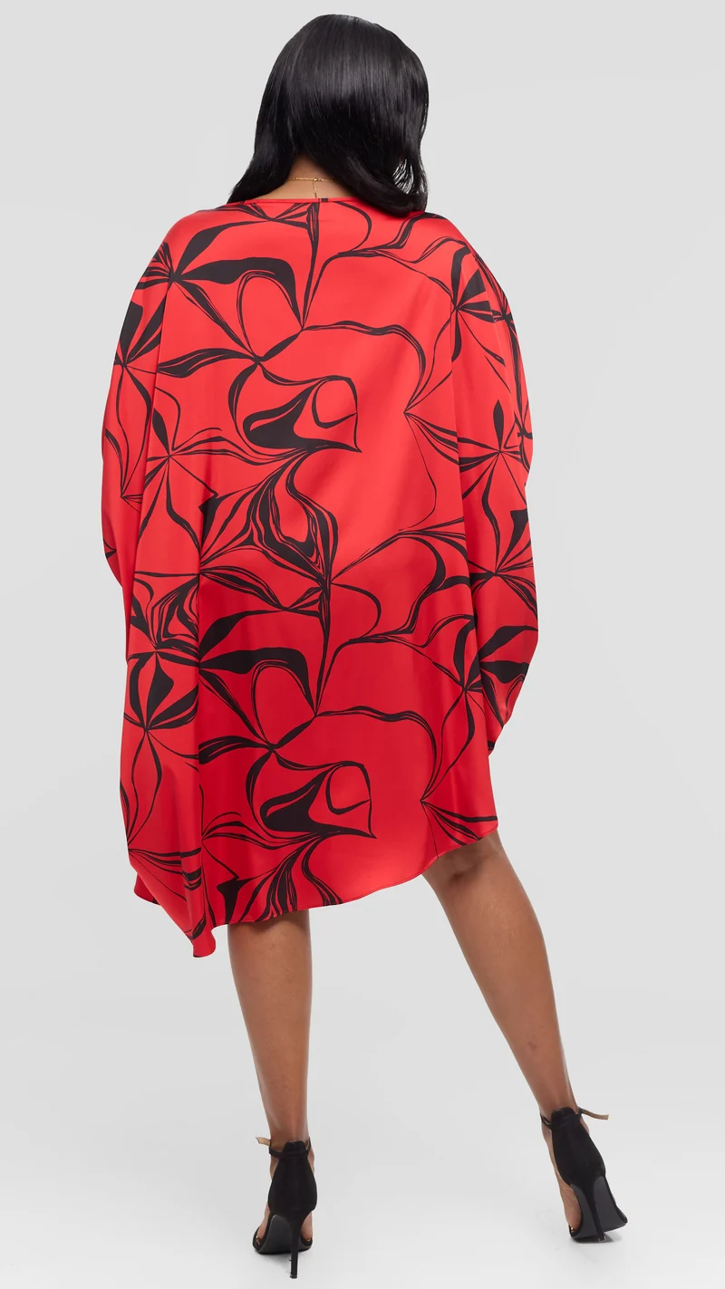Vivo Asymmetrical Dolman Dress in Satin - Red / Black Arah Print