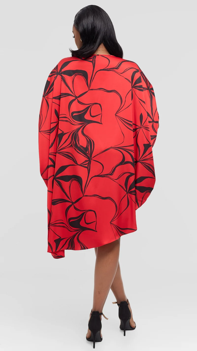 Vivo Asymmetrical Dolman Dress in Satin - Red / Black Arah Print