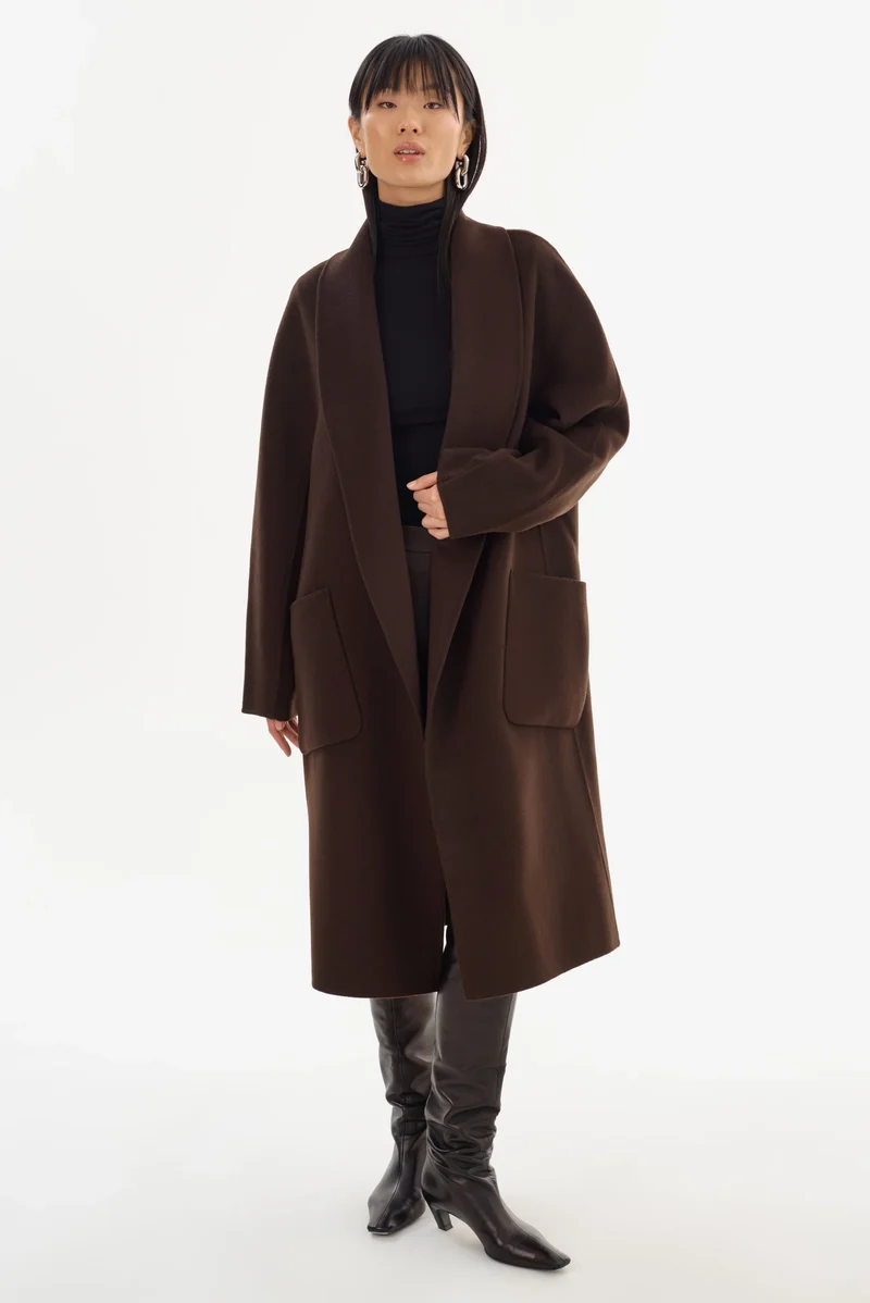 Manteau long en laine double face à col châle Thara