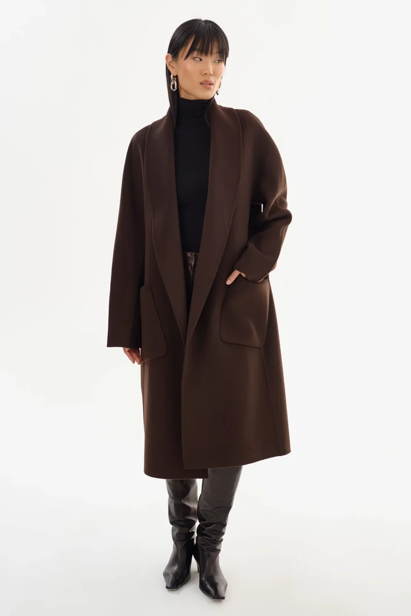 Manteau long en laine double face à col châle Thara