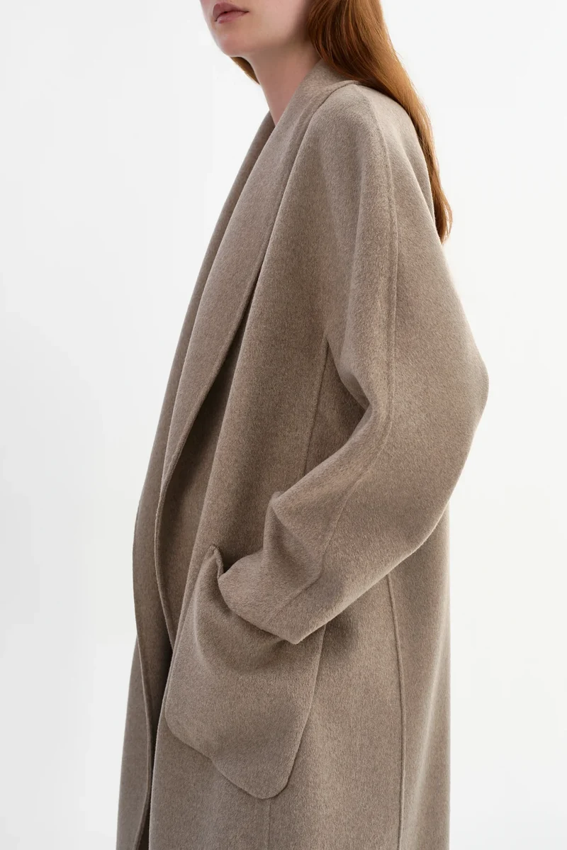 Manteau long en laine double face à col châle Thara