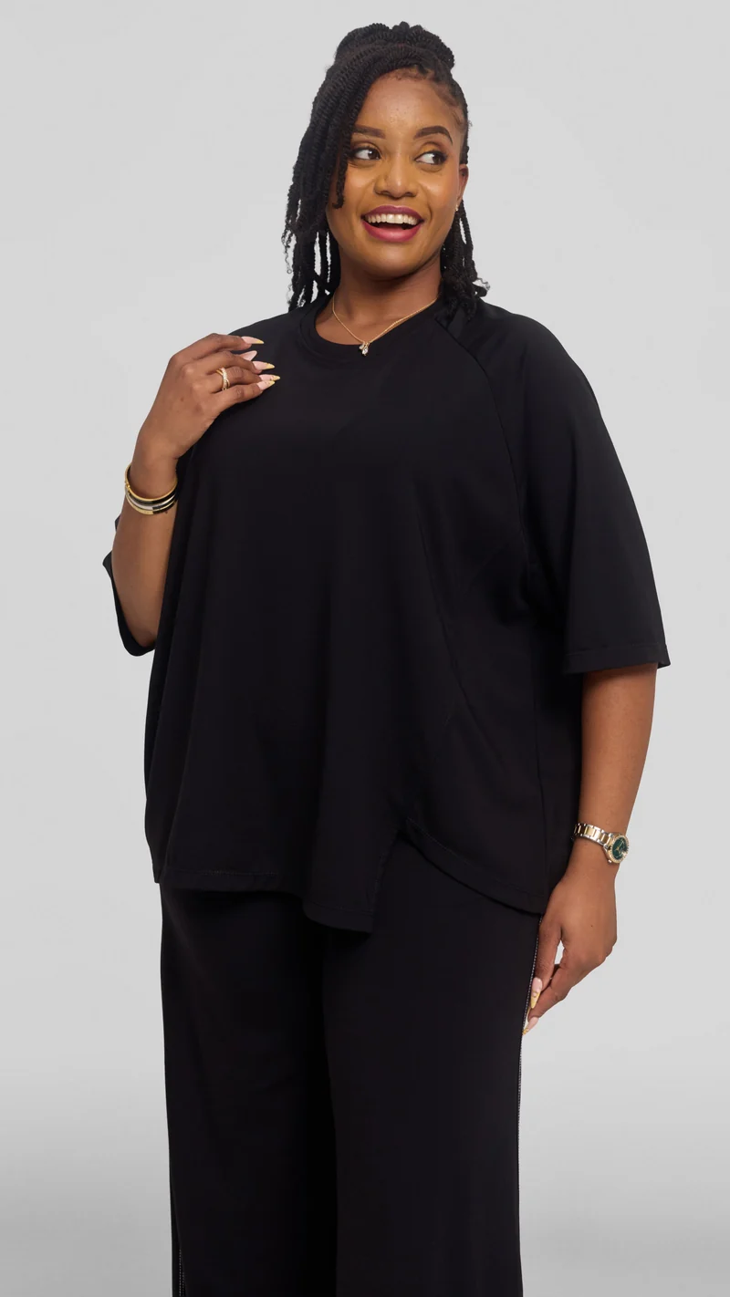 Vivo Contrast Stitch Raglan Sleeve Top in Ponte - Black