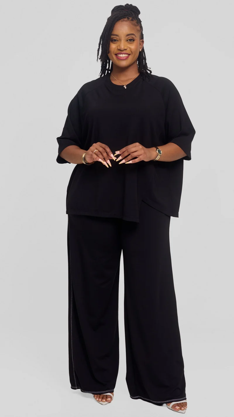 Vivo Contrast Stitch Raglan Sleeve Top in Ponte - Black