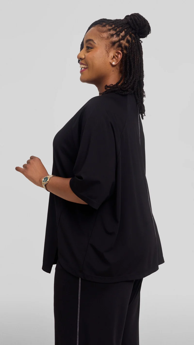 Vivo Contrast Stitch Raglan Sleeve Top in Ponte - Black
