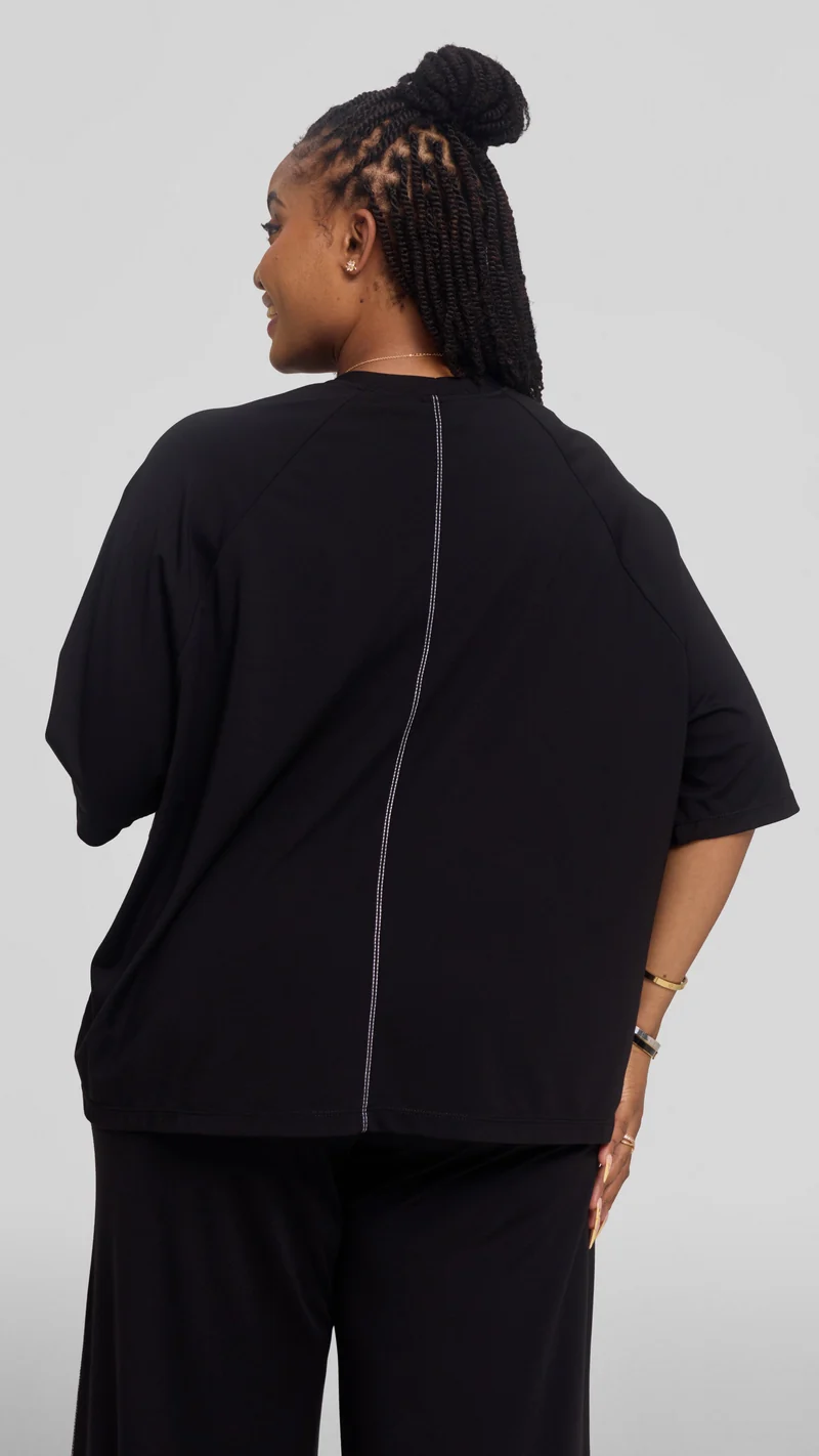 Vivo Contrast Stitch Raglan Sleeve Top in Ponte - Black