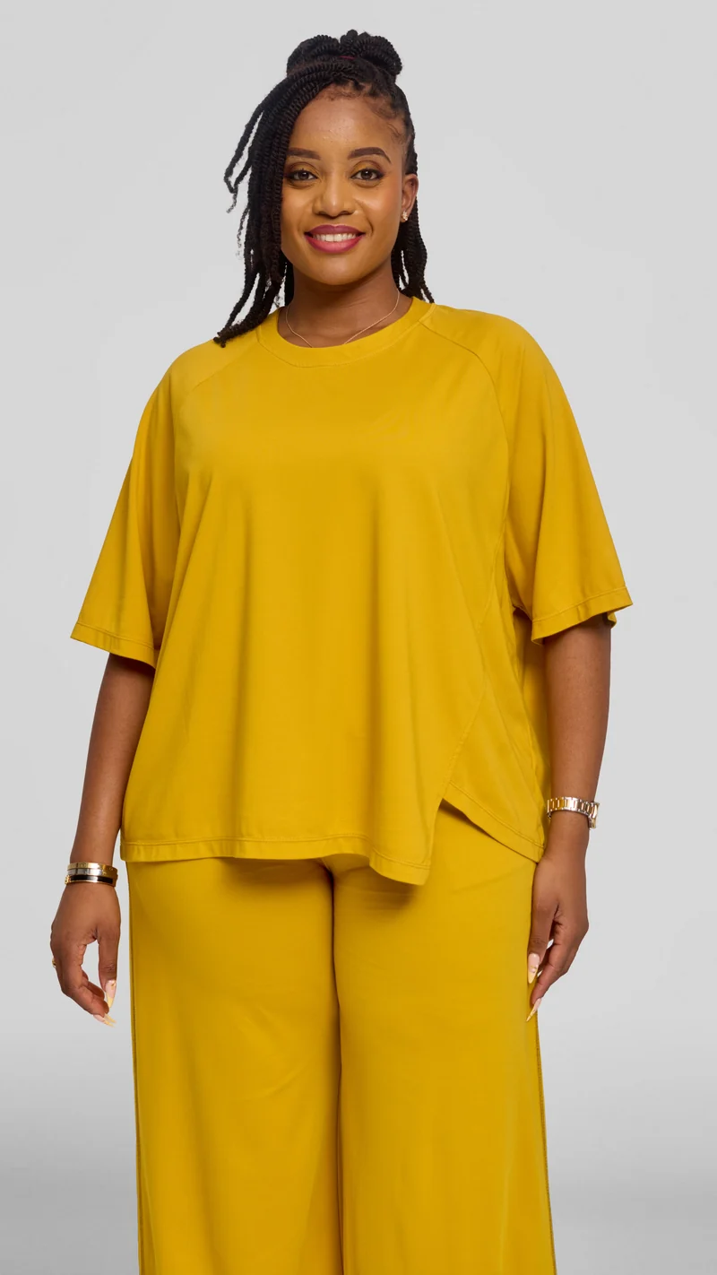Vivo Contrast Stitch Raglan Sleeve Top in Ponte - Mustard