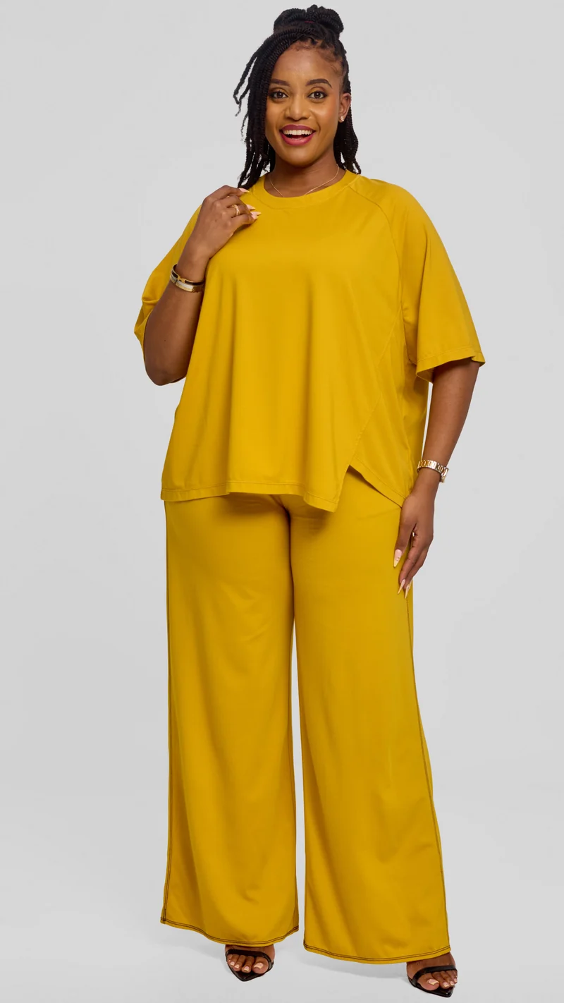 Vivo Contrast Stitch Raglan Sleeve Top in Ponte - Mustard