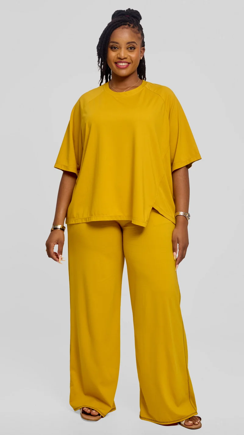 Vivo Contrast Stitch Raglan Sleeve Top in Ponte - Mustard