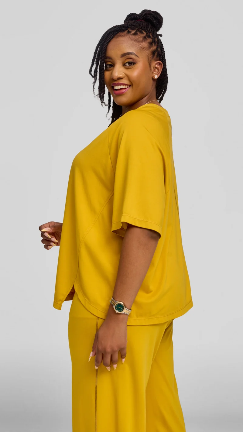 Vivo Contrast Stitch Raglan Sleeve Top in Ponte - Mustard