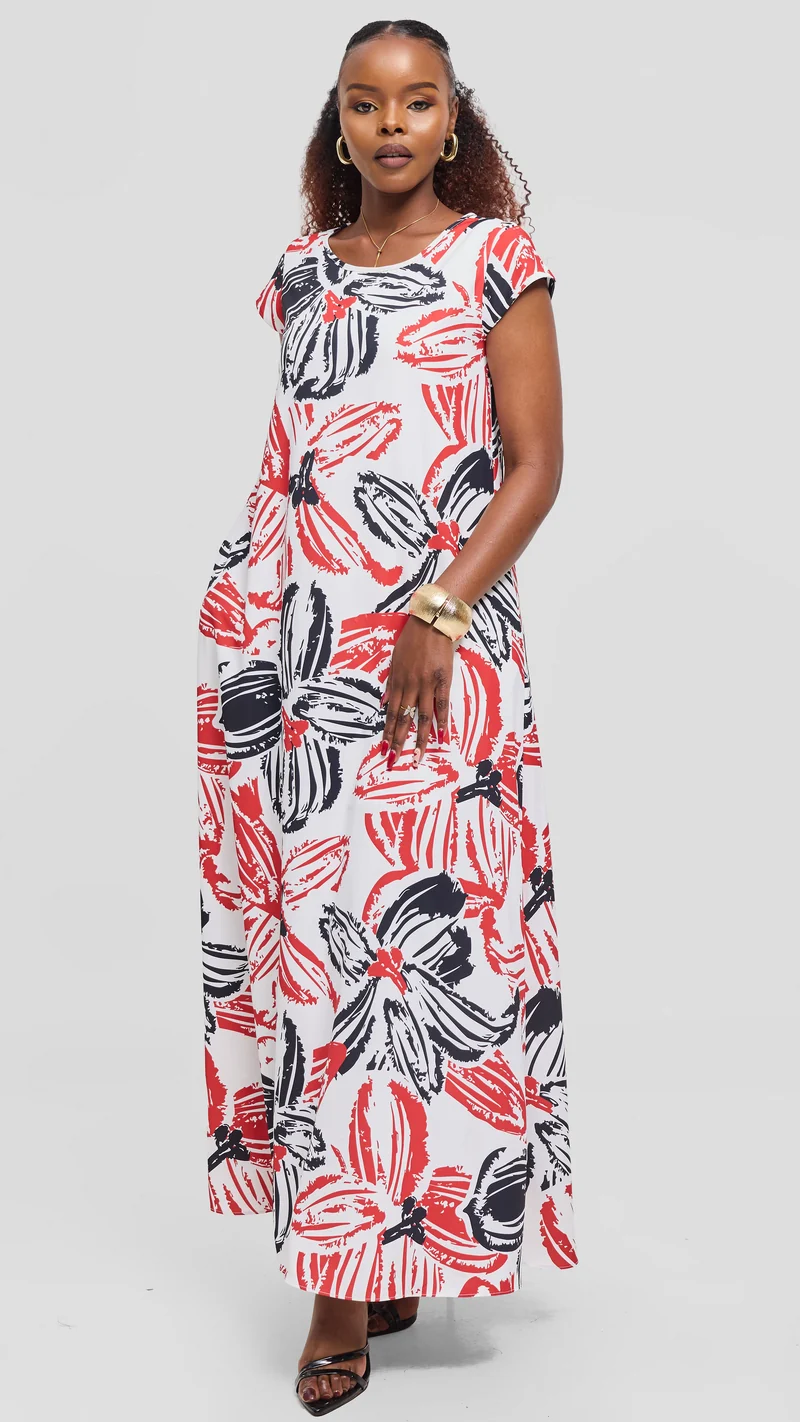 Vivo Basic Round Neck Maxi Dress in Crepe - Light Blue / Navy Zela Print