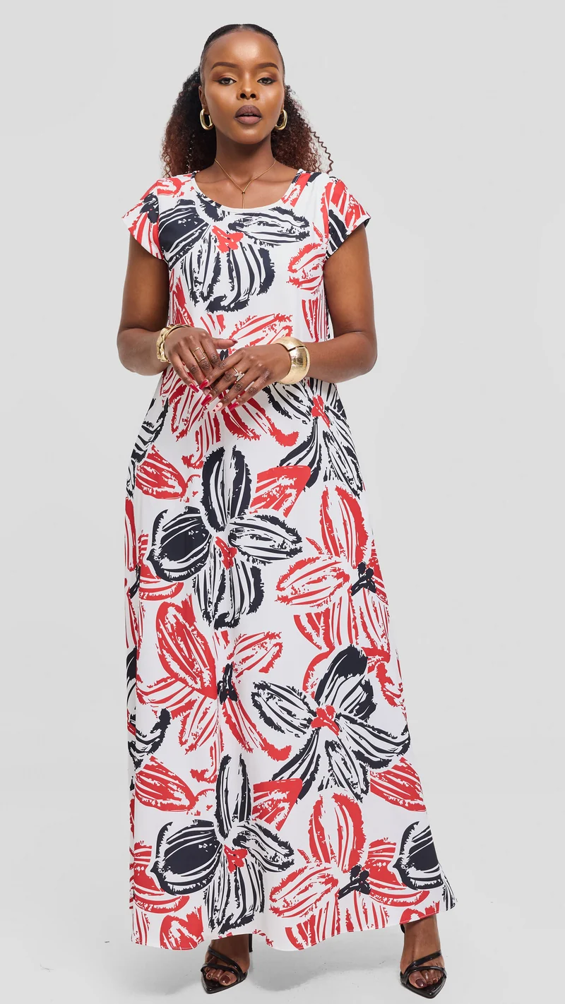 Vivo Basic Round Neck Maxi Dress in Crepe - Light Blue / Navy Zela Print