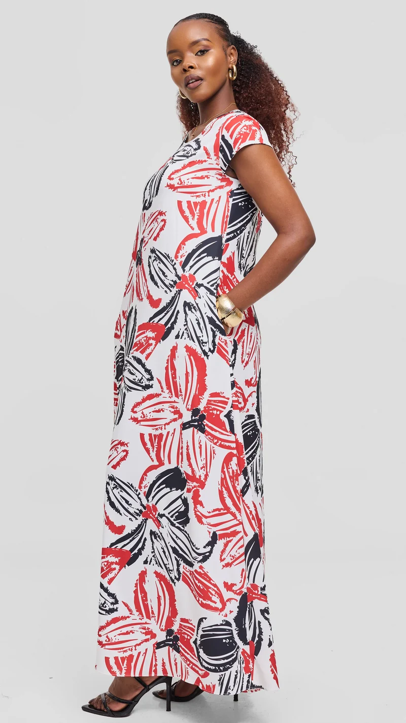 Vivo Basic Round Neck Maxi Dress in Crepe - Light Blue / Navy Zela Print