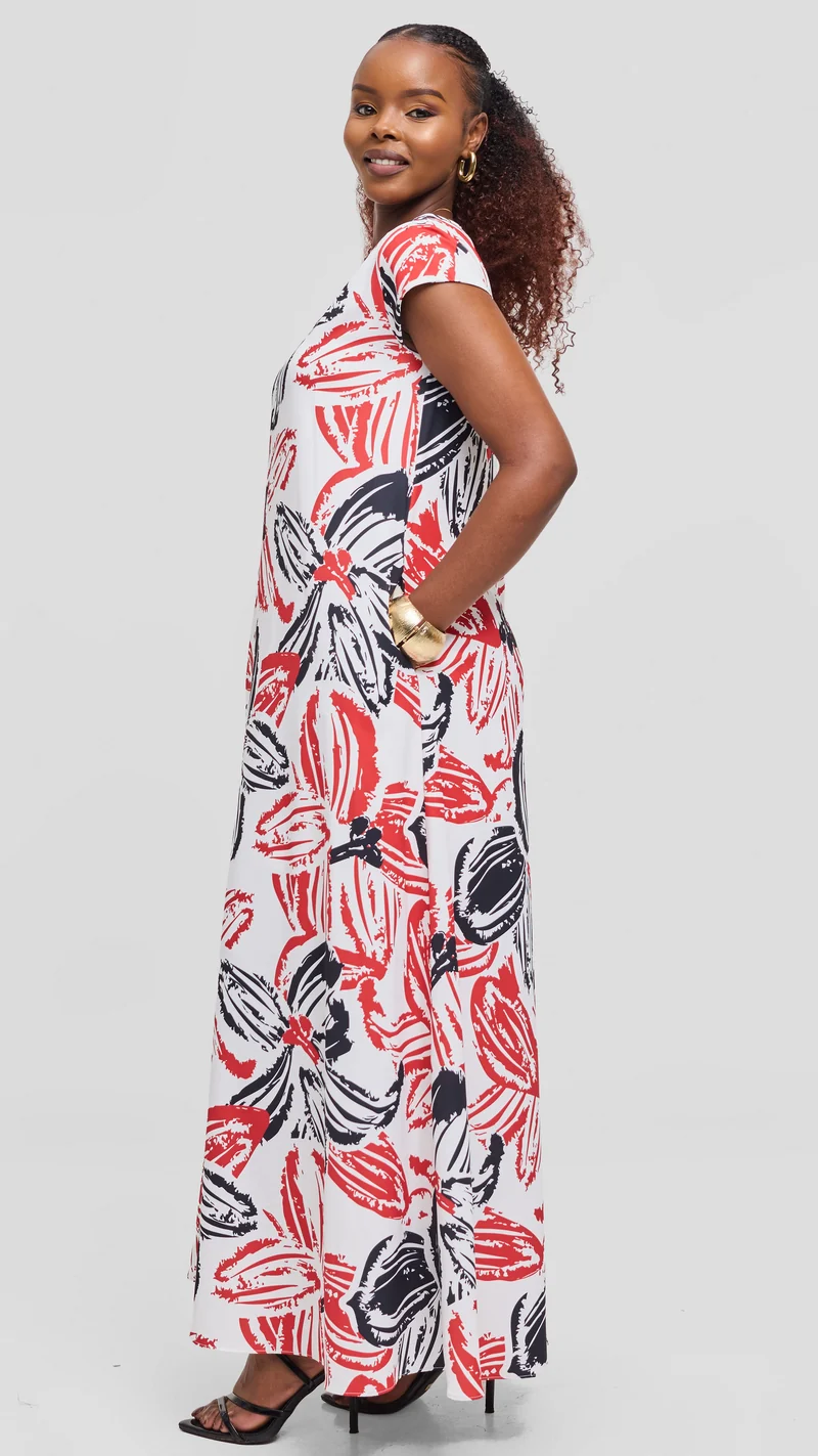 Vivo Basic Round Neck Maxi Dress in Crepe - Light Blue / Navy Zela Print