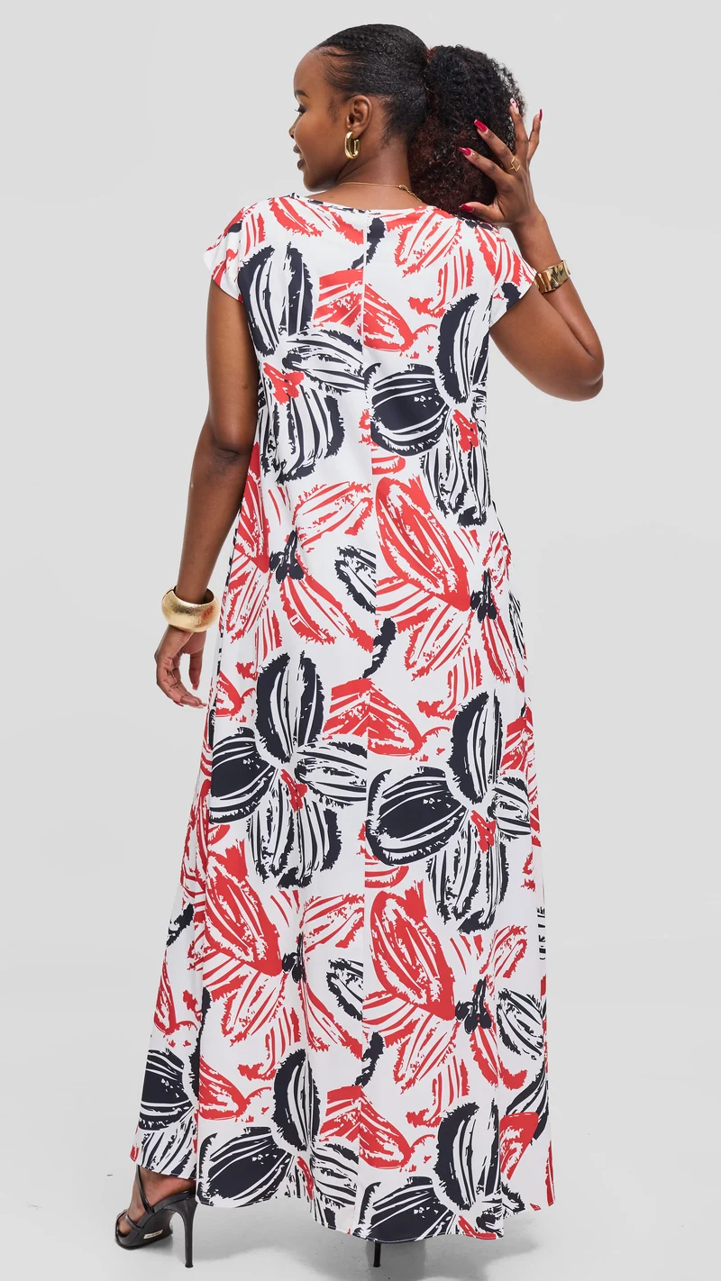 Vivo Basic Round Neck Maxi Dress in Crepe - Light Blue / Navy Zela Print