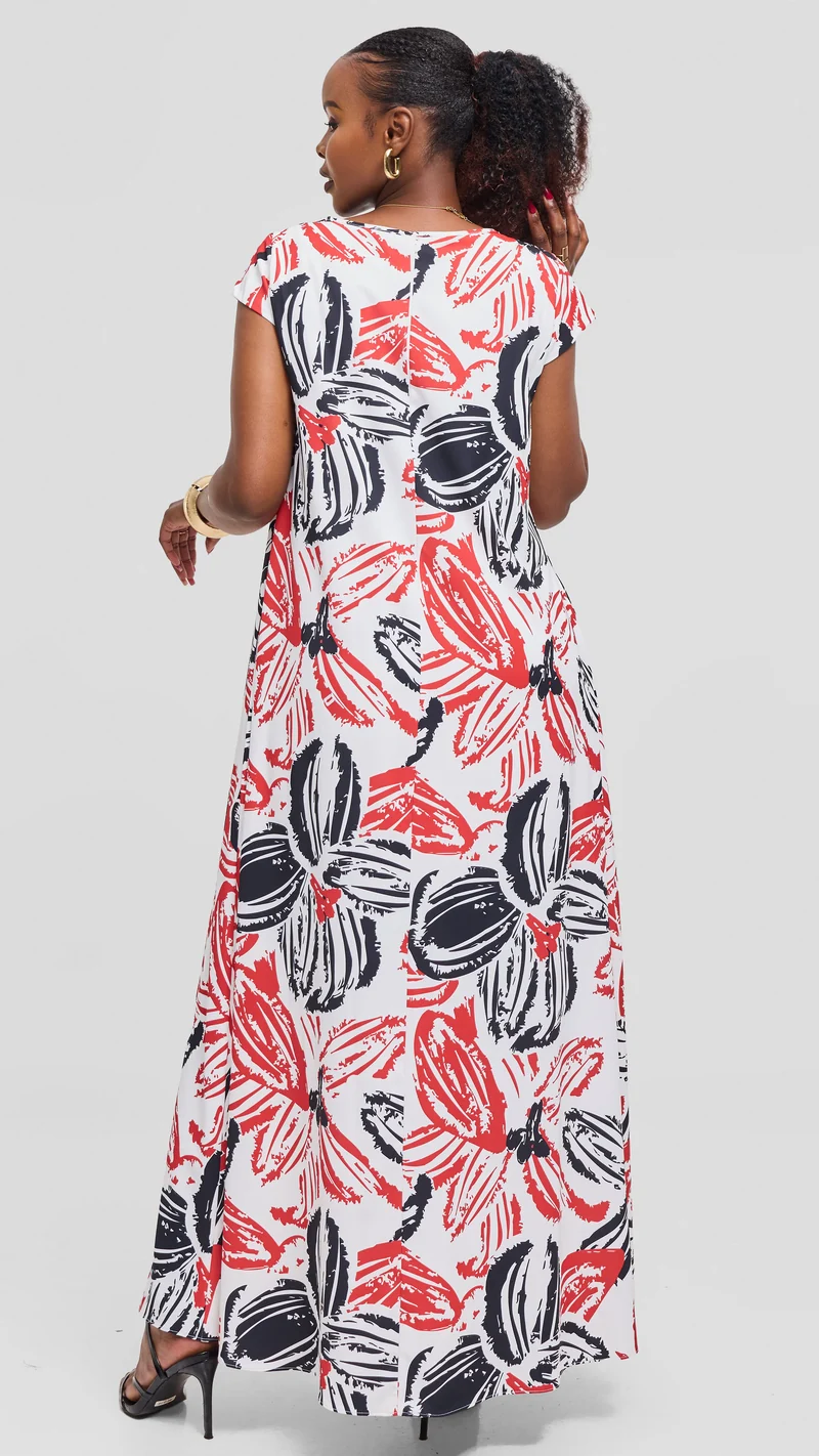 Vivo Basic Round Neck Maxi Dress in Crepe - Light Blue / Navy Zela Print