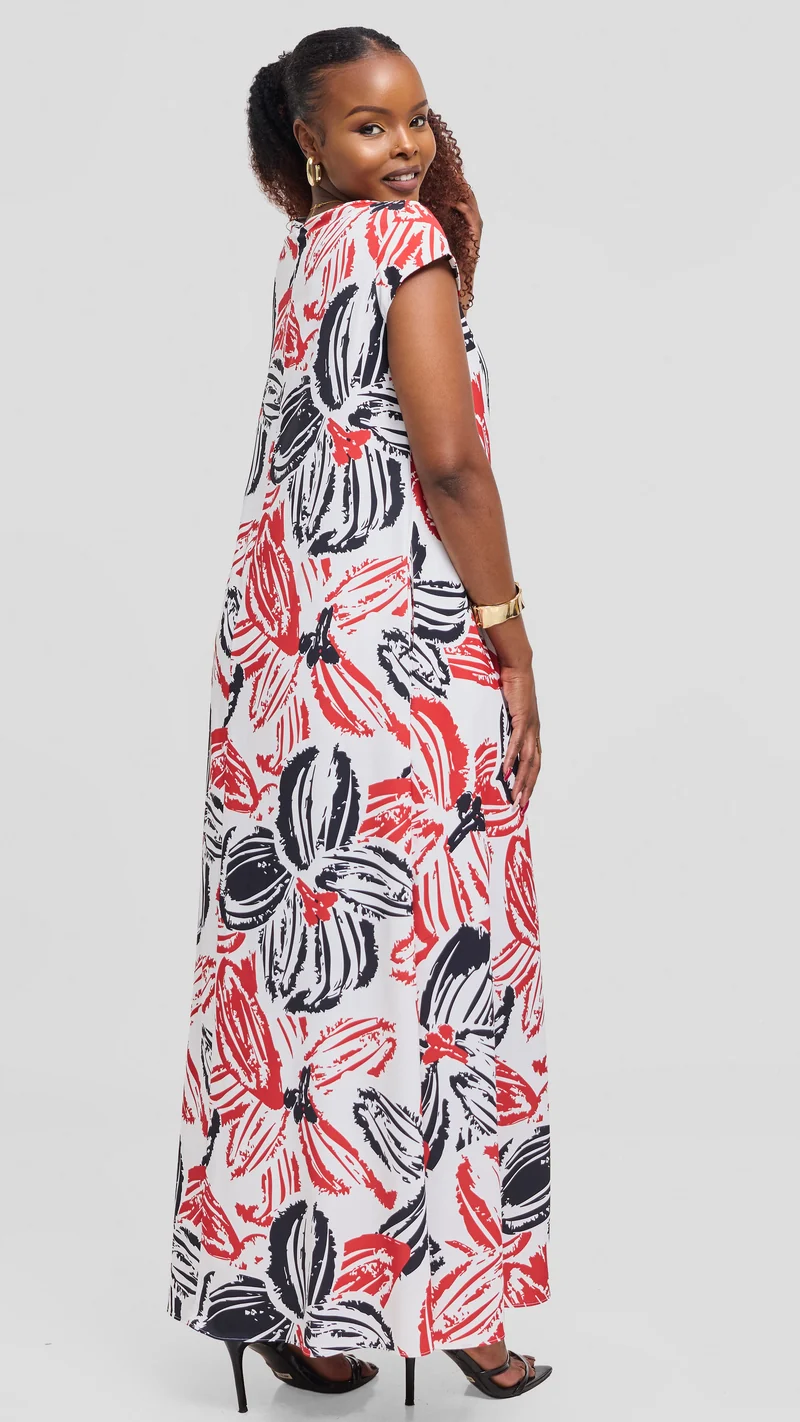 Vivo Basic Round Neck Maxi Dress in Crepe - Light Blue / Navy Zela Print