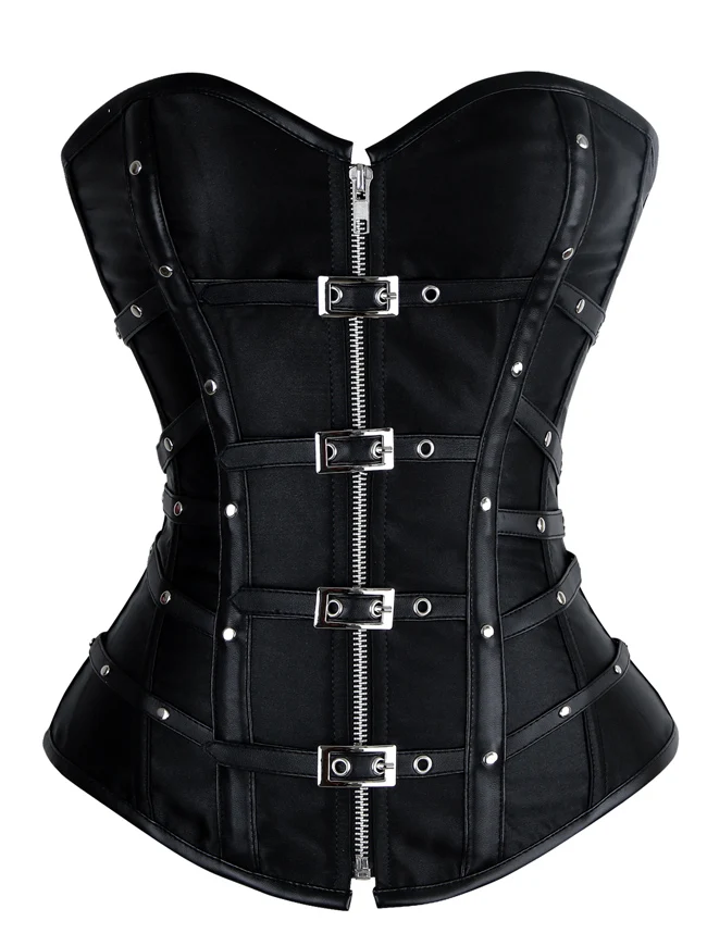 Charmian Gothic Punk Überbrustkorsett aus Satin mit Reißverschluss und Schnallen