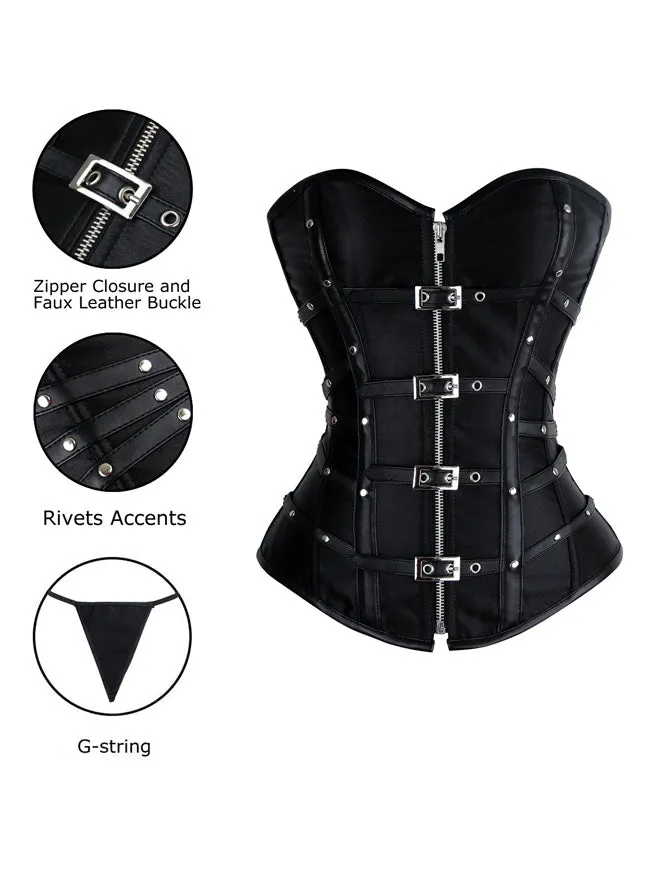 Charmian Gothic Punk Überbrustkorsett aus Satin mit Reißverschluss und Schnallen