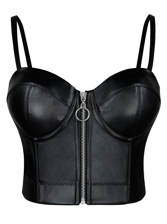 Spaghettiträger PU Leder Bustier Reißverschluss Korsett Crop Top BH